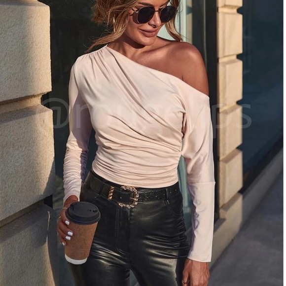 Beige Ruched Asymmetric One Shoulder Long Sleeve Shirt Slim Fit Stretchy - Picture 1 of 8